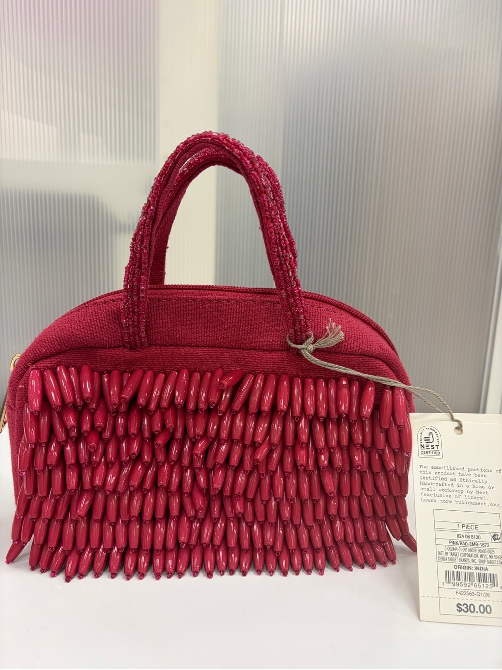 Red Beaded Top-Handle Women’s Bag